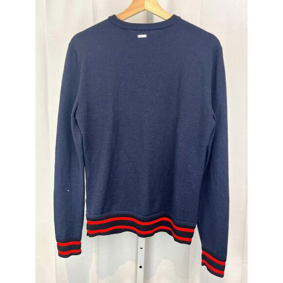 JUST CAVALLI Italy Patterned Crew Neck Sweater Pullover Navy Blue Red Size S - Picture 2 of 8